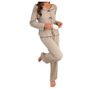 GORGLITTER Women's 2 Piece Pyjama Sets Ribbed Bow Contrast Trim Lapel V Neck Long Sleeve Top Pants Pj Set Sleepwear Khaki Medium