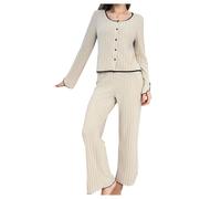 GORGLITTER Women's 2 Piece Pyjama Sets Ribbed Button Bow Contrast Trim Scoop Neck Long Sleeve Pants Pjs Lounge Wear Sets Apricot L