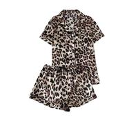 GORGLITTER Women's 2 Piece Satin Leopard Pyjama Sets Short Sleeve Button Down Lapel Neck Bow Shorts Set Sleepwear Beige X-Large