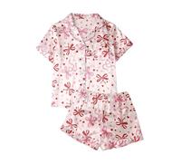 GORGLITTER Women's 2 Piece Satin Leopard Pyjama Sets Short Sleeve Button Down Lapel Neck Bow Shorts Set Sleepwear Pink Medium