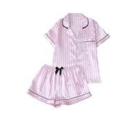GORGLITTER Women's 2 Piece Satin Pajama Set Striped Short Sleeve Button Down V Neck Shirt Bow Shorts Sleep Pj Set Pink Small