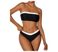 GORGLITTER Women's 2 Piece Strapless Swimsuits Color Block Bandeau Top Hipster Bikini Set Beach Swimwear Black and White Small