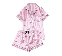 GORGLITTER Women's 2 Piece Striped Satin Pyjama Sets Bow Print Short Sleeve Button Down Shorts Summer Sleepwear Pink X-Large