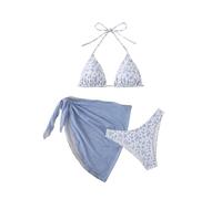 GORGLITTER Women's 3 Piece Ditsy Floral Swimwear Halter Triangle Hipster Bikini Set with Cover Up Sarong Swim Suits Blue Large