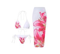GORGLITTER Women's 3 Piece Floral Swimsuits Halter Triangle Tie Side Thong Bikini Set with Cover Up Skirt White X-Large