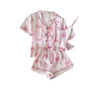 GORGLITTER Women's 3 Piece Satin Pyjama Sets Striped Bow Print Short Sleeve Button Down Shirt Shorts Cami Sleepwear Pink X-Large