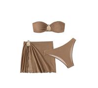 GORGLITTER Women's 3 Piece Swimsuit Bandeau Ruched Metal Ring Linked Bikini Sets with Coverup Skirt Beach Swimwear Brown X-Large