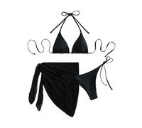 GORGLITTER Women's 3 Piece Tropical Swimsuit Halter Triangle High Cut Leaf Print Bikini Set with Coverup Skirt Black Large