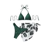 GORGLITTER Women's 3 Piece Tropical Swimsuit Halter Triangle High Cut Leaf Print Bikini Set with Coverup Skirt Green Medium