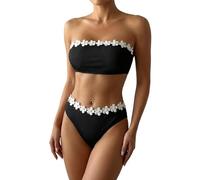 GORGLITTER Women's 3D Floral Bandeau Strapless Bikini Sets Ribbed Knit Colorblock Sexy Backless 2 Piece Swimsuits Black M