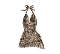 GORGLITTER Women's A Line Asymmetrical Layered Halter Tie Dress Ombre V Neck Ruched Mini Cocktail Dresses Khaki Small