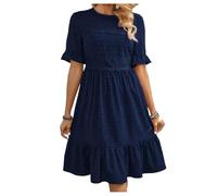 GORGLITTER Women's A Line Flared Ruffle Knee Length Dresses Contrast Lace Crewneck Half Sleeve Flowy Casual Boho Holliday Dress Dark Blue Large