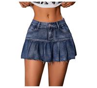 GORGLITTER Women's A Line Pleated Denim Skirts Flared Raw Hem Drop Waist Mini Jeans Skirt Dark Wash M