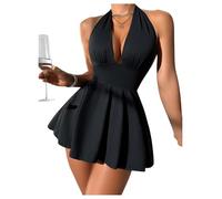 GORGLITTER Women's A Line Swing Mini Halter Tie Dresses Deep V Neck Bow Back Flared Ruffle Party Dress Black Small