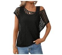 GORGLITTER Women's Asymmetrical Lace Dolman Sleeve T Shirts Cold Shouler Hollow Out 2 in 1 Going Out Tops Black Large