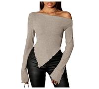 GORGLITTER Women's Asymmetrical Long Sleeve T Shirts Rib Knit Slim Fit Going Out Tops Sexy Party Clothes Khaki Medium