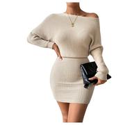 GORGLITTER Women's Asymmetrical Off Shoulder Sweater Dresses Rib Knit Long Sleeve Bodycon Pencil Mini Elegant Dress Apricot Small