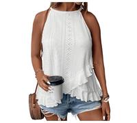 GORGLITTER Women's Asymmetrical Ruffle Halter Neck Tops Plus Size Sleeveless Eyelet Flowy Going Out Tops for Women UK White 3X-Large Plus