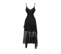 GORGLITTER Women's Asymmetrical Tiered Ruffle Midi Dresses Lace Sheer V Neck Y2k Cami Dress Concert Outfits Black Large