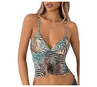 GORGLITTER Women's Asymmetrical Wrap V Neck Mesh Cami Tops Lettuce Trim Sexy Skinny Crop Tank Tops Leopard Green Medium