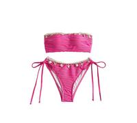 GORGLITTER Women's Bandeau Bikini Set Strapless Tie Side 2 Piece Swimsuits Textured Shell Decor Swimwear Hot Pink Medium