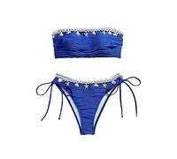 GORGLITTER Women's Bandeau Bikini Set Strapless Tie Side 2 Piece Swimsuits Textured Shell Decor Swimwear Royal Blue Large