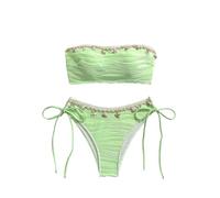 GORGLITTER Women's Bandeau Bikini Set Strapless Tie Side 2 Piece Swimsuits Textured Shell Decor Swimwear Green Medium