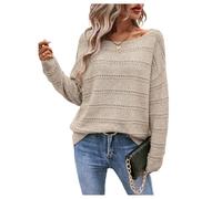 GORGLITTER Women's Boat Neck Long Sleeve Jumpers Pointelle Knit Loose Casual Pullover Off Shoulder Sweaters Apricot M