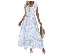 GORGLITTER Women's Boho Ditsy Floral A Line Maxi Dresses V Neck Ruffle Cap Sleeve Fit and Flare Going Out Holiday Dress Blue and White X-Large