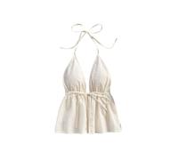 GORGLITTER Women's Boho Floral Halter V Neck Top Babydoll Crop Tie Front Slit Hem Flared Peplum Summer Party Going Out Tops White M