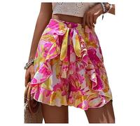 GORGLITTER Women's Boho Floral Ruffle Trim Shorts High Elastic Waist Wrap Tie Knot Front Beach Vacation Shorts Hot Pink Medium