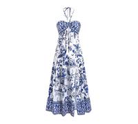GORGLITTER Women's Boho Floral Summer Dresses Halter Neck Tie Backless A Line Split Flowy Maxi Beach Vacation Sundress Blue Large