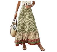 GORGLITTER Women's Boho Geo Print A Line Ruffle Maxi Skirts Striped High Elastic Waist Flowy Holiday Skirt Olive Green Large