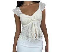 GORGLITTER Women's Boho Lace Ruffle Peplum Tops Babydoll Sweetheart Neck Cap Sleeve Tank Top Summer Flowy Holiday Outfits Apricot L