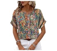 GORGLITTER Women's Boho Paisley Notched V Neck Blouses Half Sleeve Holiday Summer Shirts Top Blue Green X-Large