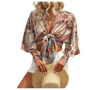 GORGLITTER Women's Boho Paisley Print Tie Front Tops Deep V Neck 3/4 Sleeve Crop Blouses Vacation Summer Shirts Apricot Large