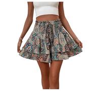 GORGLITTER Women's Boho Paisley Print Tiered Ruffle Shorts Tie Front High Waisted Mini Skorts Green Small