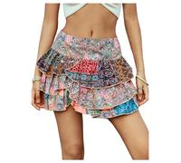 GORGLITTER Women's Boho Paisley Tiered Ruffle Mini Skirts Low Waist A Line Flared Vacation Festival Skirt Pink Large