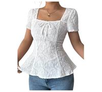 GORGLITTER Women's Boho Tie Front Peplum Blouses Eyelet Embroidery Square Neck Short Sleeve Going Out Tops for Women UK White Small