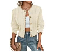 GORGLITTER Women's Button Down Contrast Trim Crop Cardigans Crewneck Long Sleeve Scalloped Outerwear Coats Apricot Large