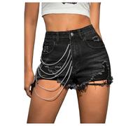 GORGLITTER Women's Chain Decor Raw Hem Mini Denim Shorts Ripped High Waisted Punk Rock Jeans Shorts Black Large