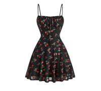 GORGLITTER Women's Cherry Print A Line Flared Flowy Cami Mini Dress Tie Front Ruched Bust Holiday Sundress Black Small