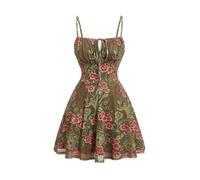 GORGLITTER Women's Cherry Print A Line Flared Flowy Cami Mini Dress Tie Front Ruched Bust Holiday Sundress Green Medium