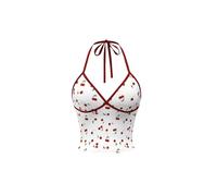 GORGLITTER Women's Cherry Print V Neck Halter Tie Crop Top Backless Contrast Binding Slim Fit Cute Vest Tops White Large