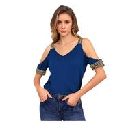 GORGLITTER Women's Cold Shoulder Glitter T-Shirts V Neck Short Sleeve Tees Streetwear Loose Shirt Tops Blue and Gold Large