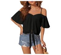 GORGLITTER Women's Cold Shoulder Tie Knot Front Blouses Half Sleeve Loose Beach Vacation Shirt Tops Black Medium