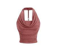 GORGLITTER Women's Cowl Neck Ruched Halter Top Draped Metal Decor Slim Fit Elegant Tops Dusty Pink Small