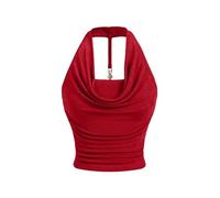 GORGLITTER Women's Cowl Neck Ruched Halter Top Draped Metal Decor Slim Fit Elegant Tops Red Medium