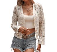 GORGLITTER Women's Crochet Hollow Out Crop Cardigans V Neck Button Front Long Sleeve Sheer Jumpers Lightweight Boho Outerwear Apricot Large