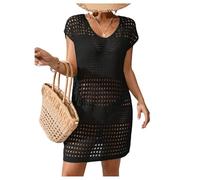 GORGLITTER Women's Crochet Hollow Out Sheer Cover Up Dress V Neck Short Sleeve Beach Mini Dress Coverups Black Large